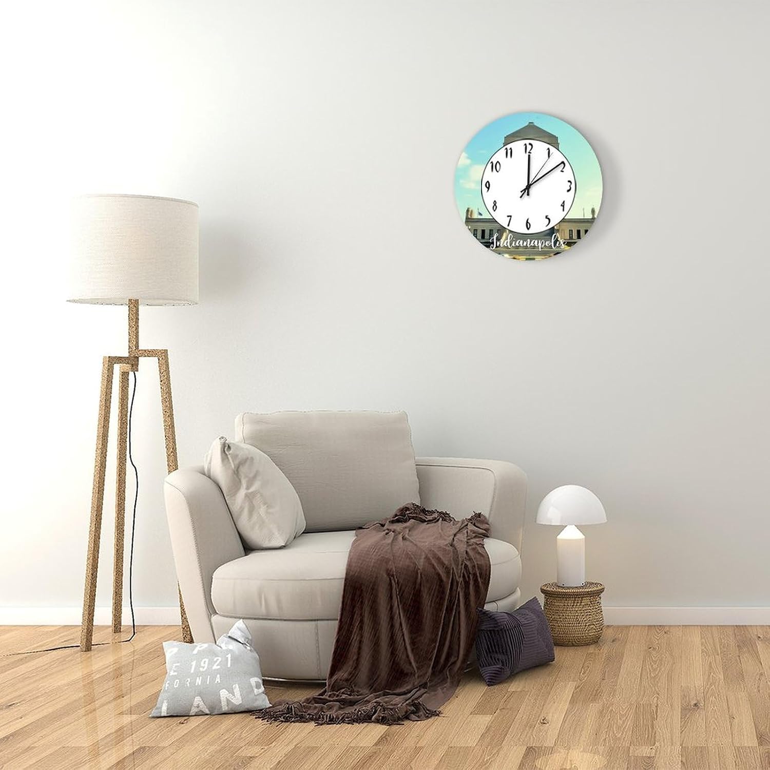 Indianapolis Wall Clock Silent Non Ticking Wooden Clocks Indianapolis City Skyline Clock Battery Operated 12in Round Clock, Rustic Clocks Decor for Home Kitchen Office