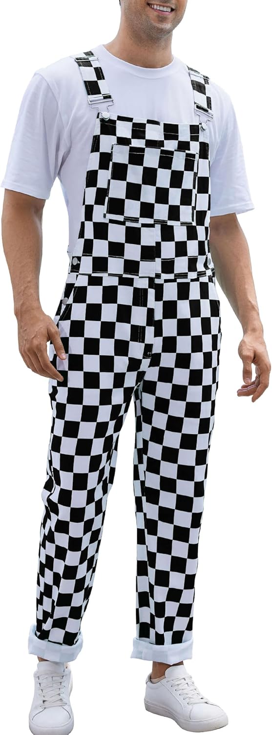 Checkered Pants Mens Overalls Bib Coveralls Cute Stretch Jeans Jumpsuit