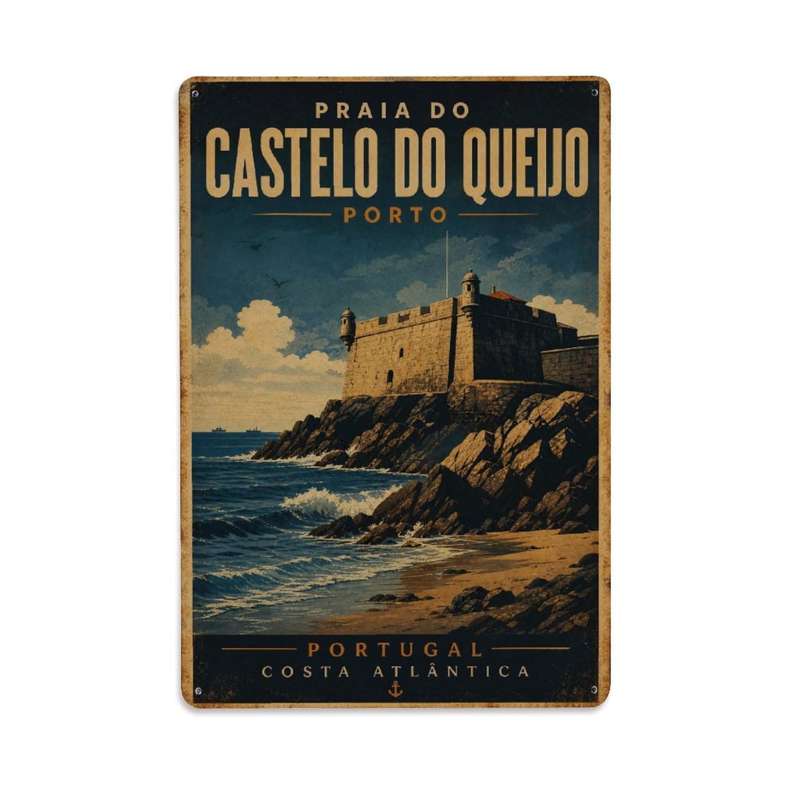 Huiyhb 8X12inch(20X30cm) Vintage Travel Foz Castelo Beach Rocky Coastline Portugal Metal Tin Sign