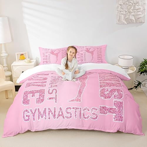 Miniatura 32 de Juego de funda de edredón para amantes de la gimnasia, tamaño Queen, silueta de gimnasta, juego de ropa de cama rosa para niños, adolescentes y