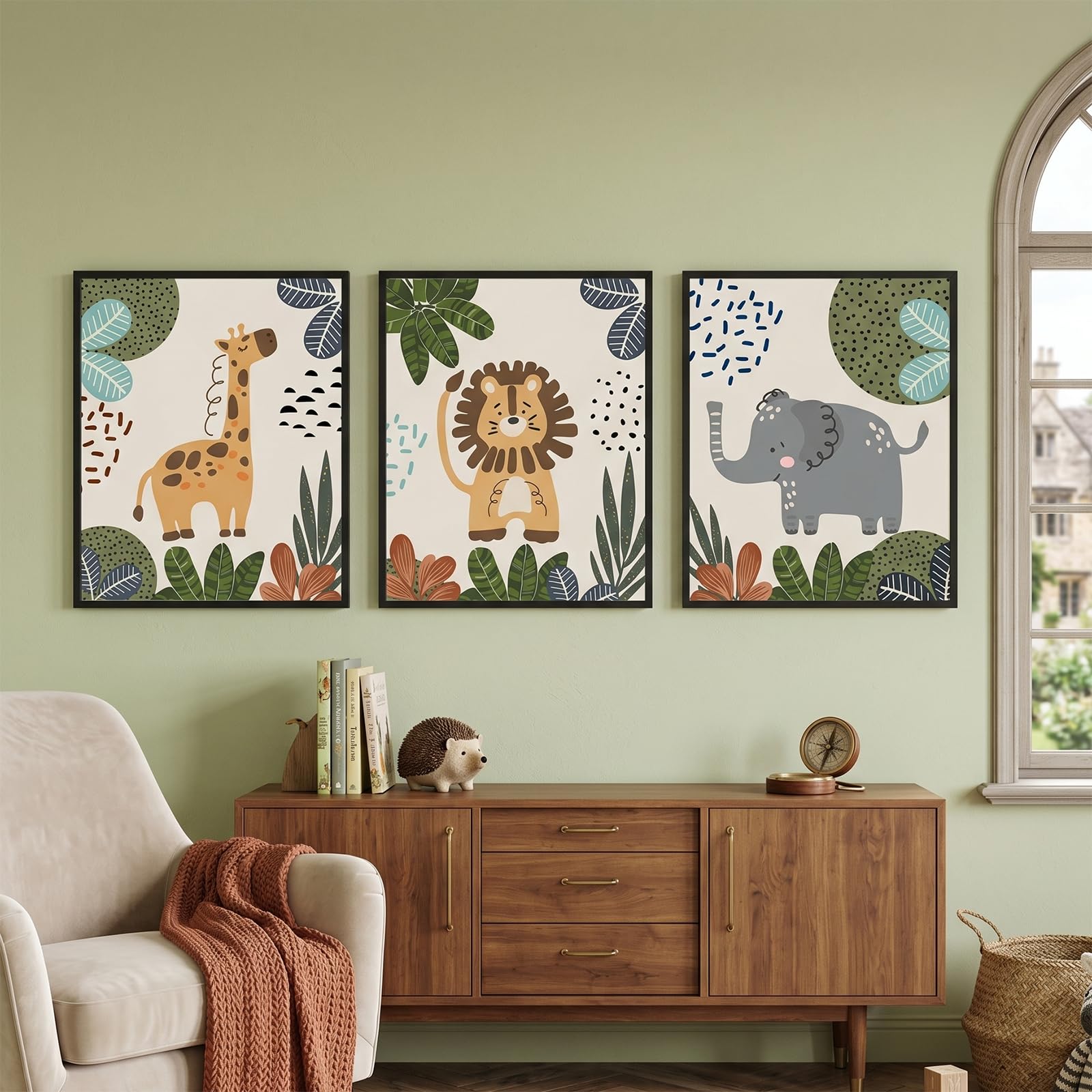 JORCEDI Safari Animal Wall Art Set of 3 Canvas Prints Unframed Cute Giraffe Lion Elephant Nursery Posters Jungle Kids Bedroom Decor Scandinavian Canvas Wall Pictures (30 x 40 cm)