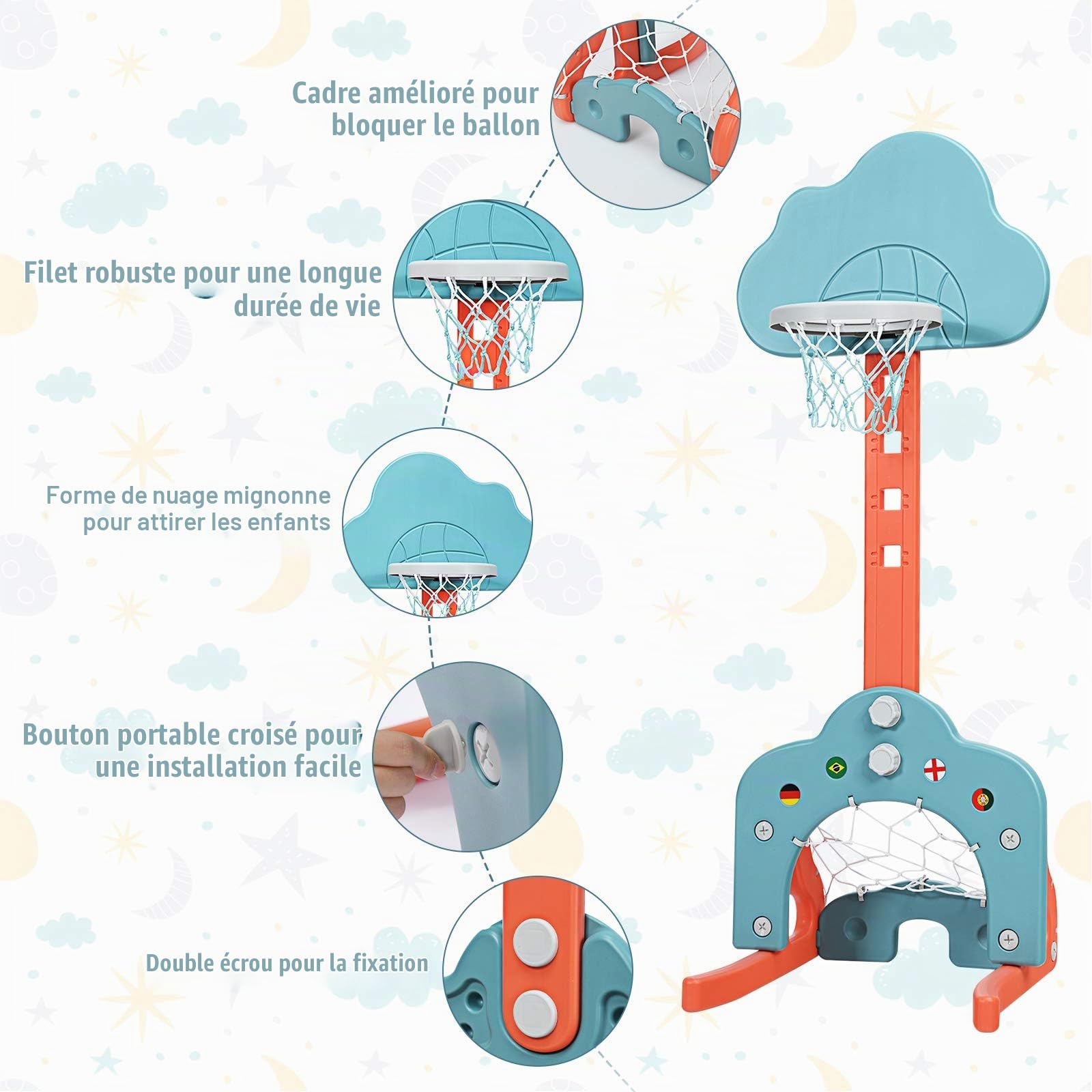 COSTWAY 3 en 1 Panier de Basketball pour Enfant 2-7 Ans avec Hauteur Réglable(77-116cm), Support de Basketball en Forme Neige avec Structure Stable, Bords Lisse, Jeu de Golf pour Garçons Filles