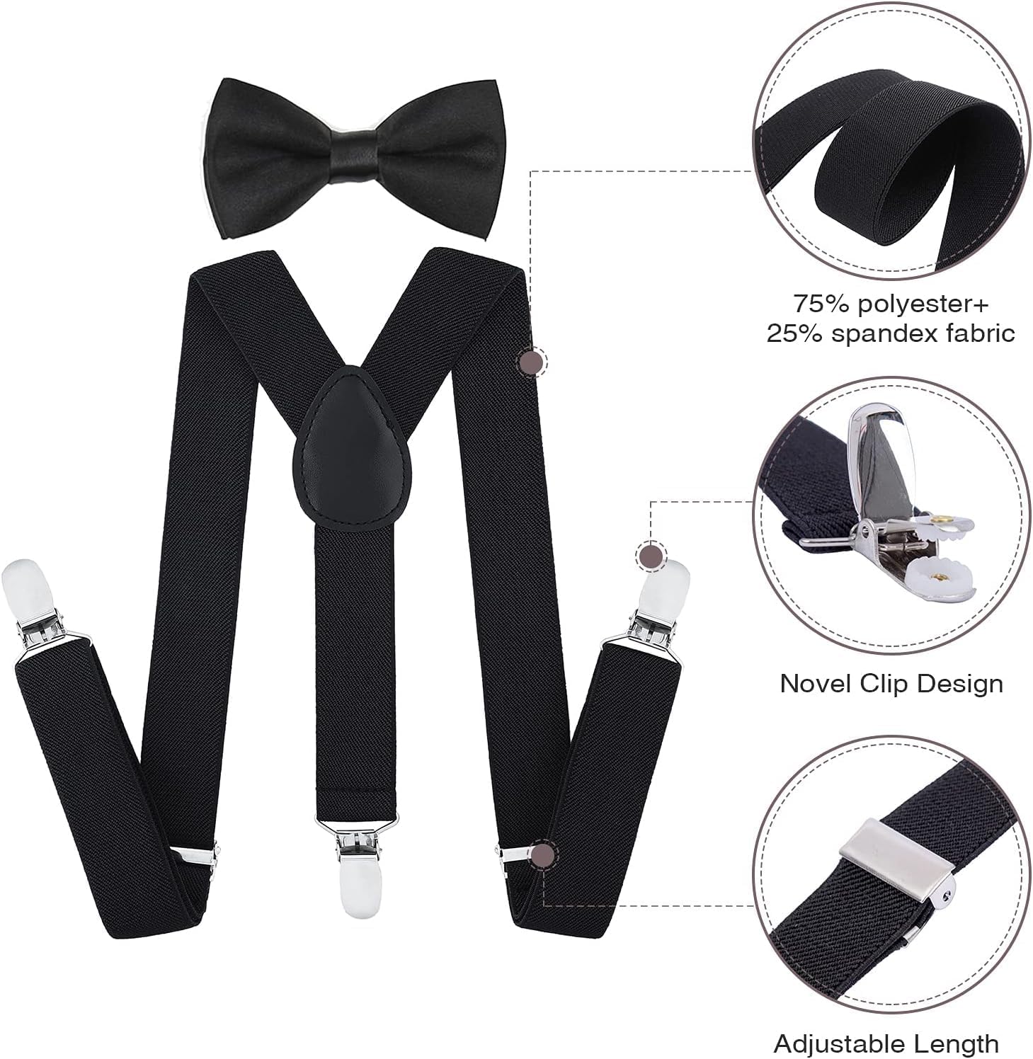 Elastic Kids Suspenders Bowtie Set - Adjustable Y Black Suspenders for Boys and Girls - Image 2