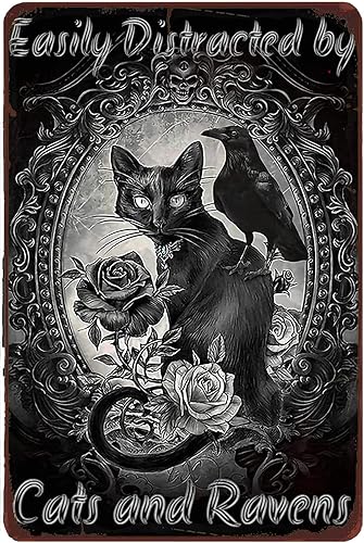 Adorno de pared de estilo vintage, letrero de metal de cuervo de gato negro, fácil de distraer por gatos y cuervos, para decoración de pared en