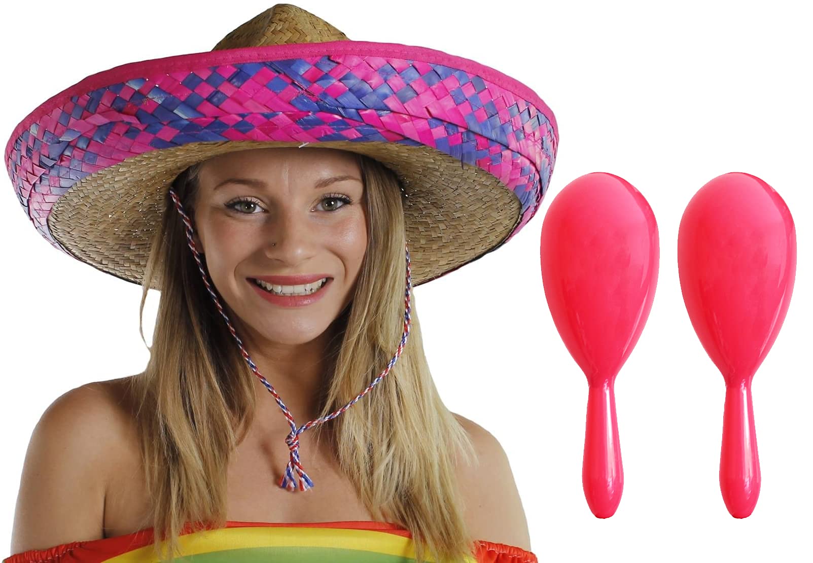 Mexican Sombrero Straw Hat with Maracas - Perfect for Mexican Parties Fiesta Fancy Dress Celebration Hats (3 Pink/Blue Hats + Matching Maracas)