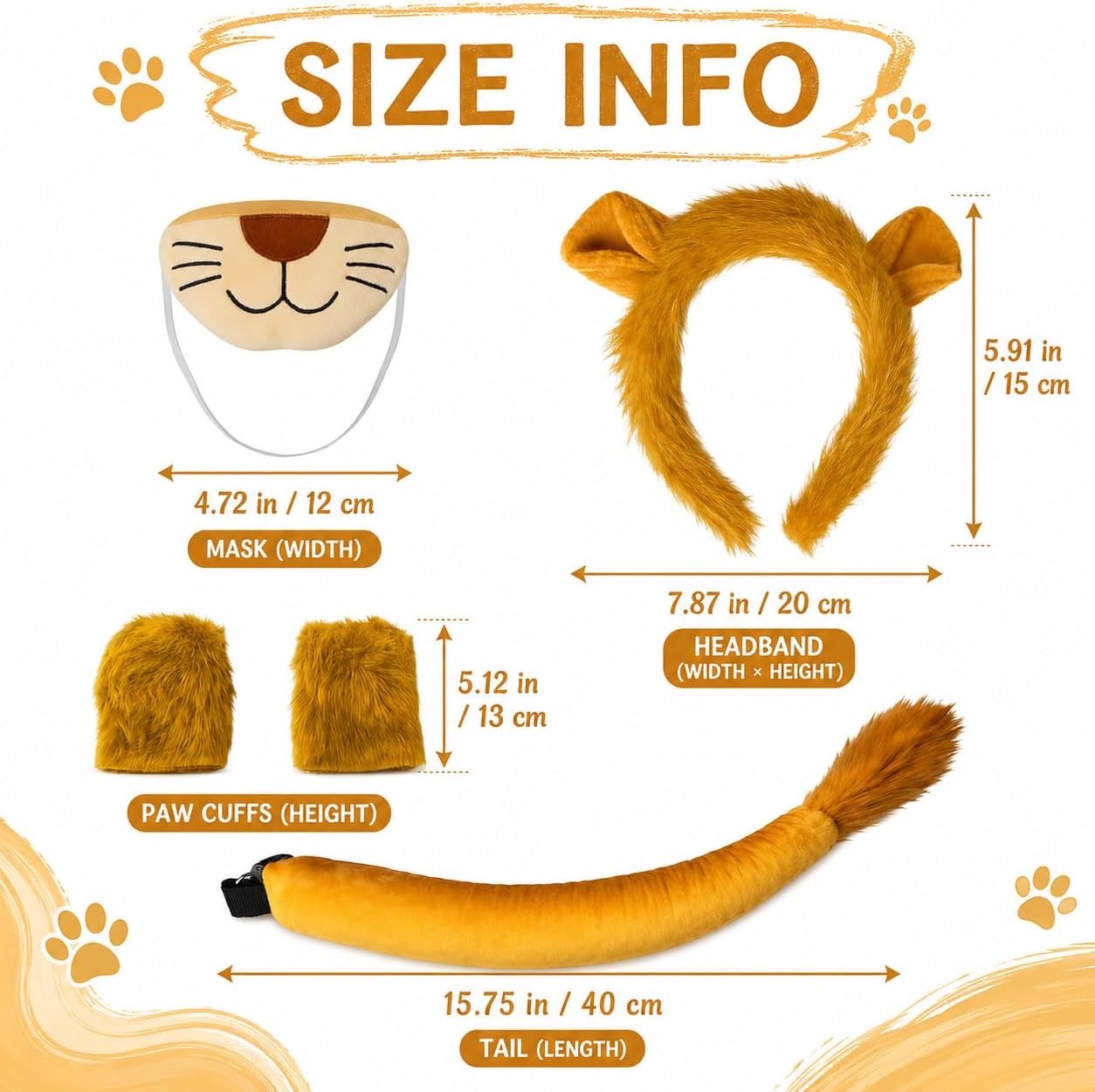 Lion Costume Set with Lion Ears Headband,Tail,Nose,Paw Gloves Fancy Lion Costume for Women Brown Dress Kit Cute Lion Ears Cosplay for Halloween Birthday Party Decorations