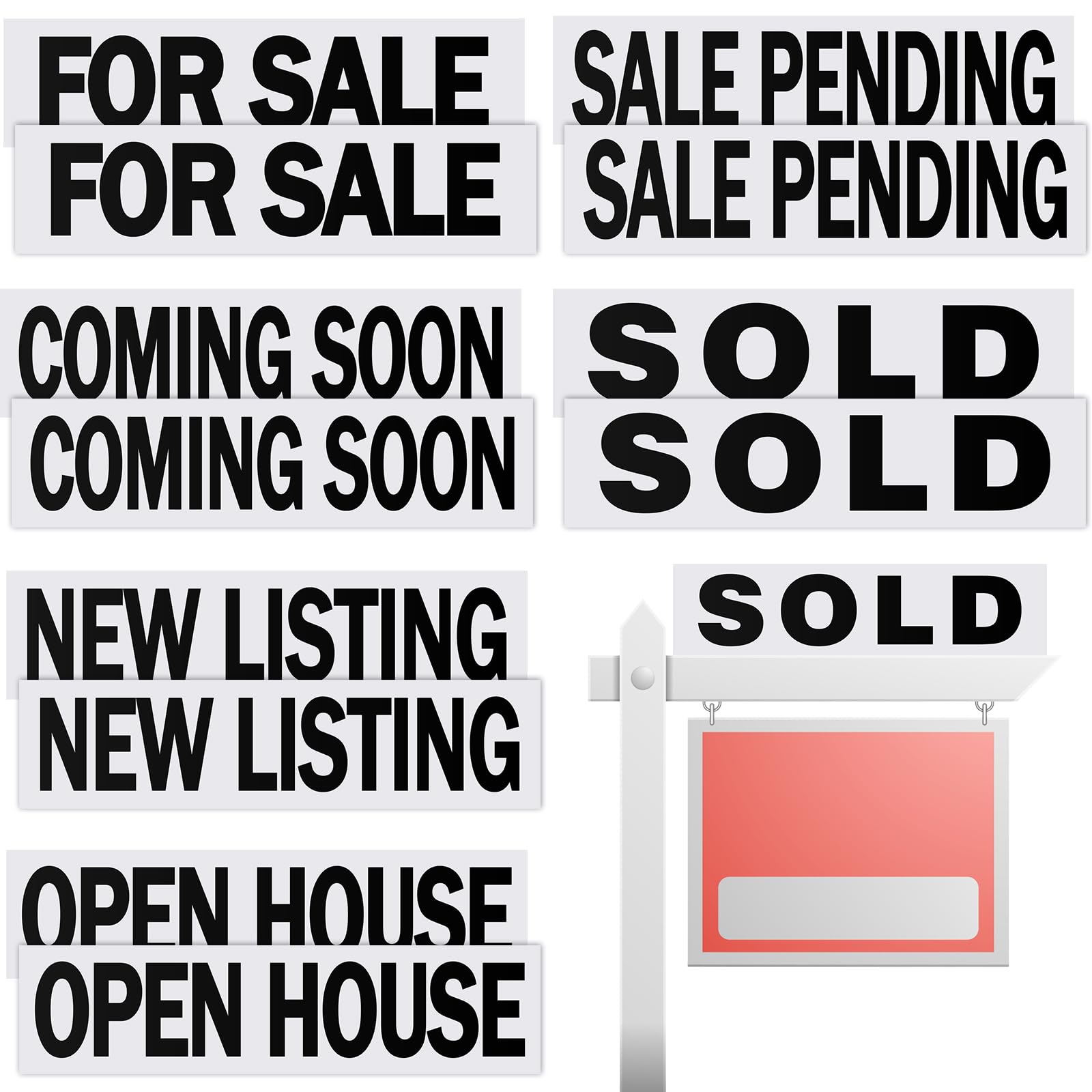 Juexica12 Pcs Real Estate Rider Signs 24 x 6 Inch Sold Open House Sign Waterproof Coming Soon Signs for Real Estate Supplies with Different Messages for Real Estate (White with Black)