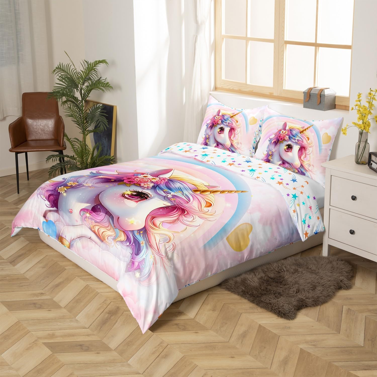 Pink Unicorn Bedding Set Toddler for Boys Girls Cute Cartoon Unicorn Duvet Cover 2 Pcs, Colorful Rainbow Unicorn Comforter Cover Unicorn Princess Bedroom Decor Bedspread Cover Kawaii Bedding