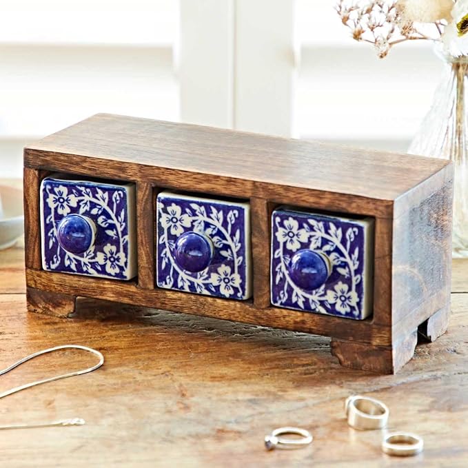 Blue - Neem Wood Hand Painted Blue Pottery Ceramic Triple Drawer