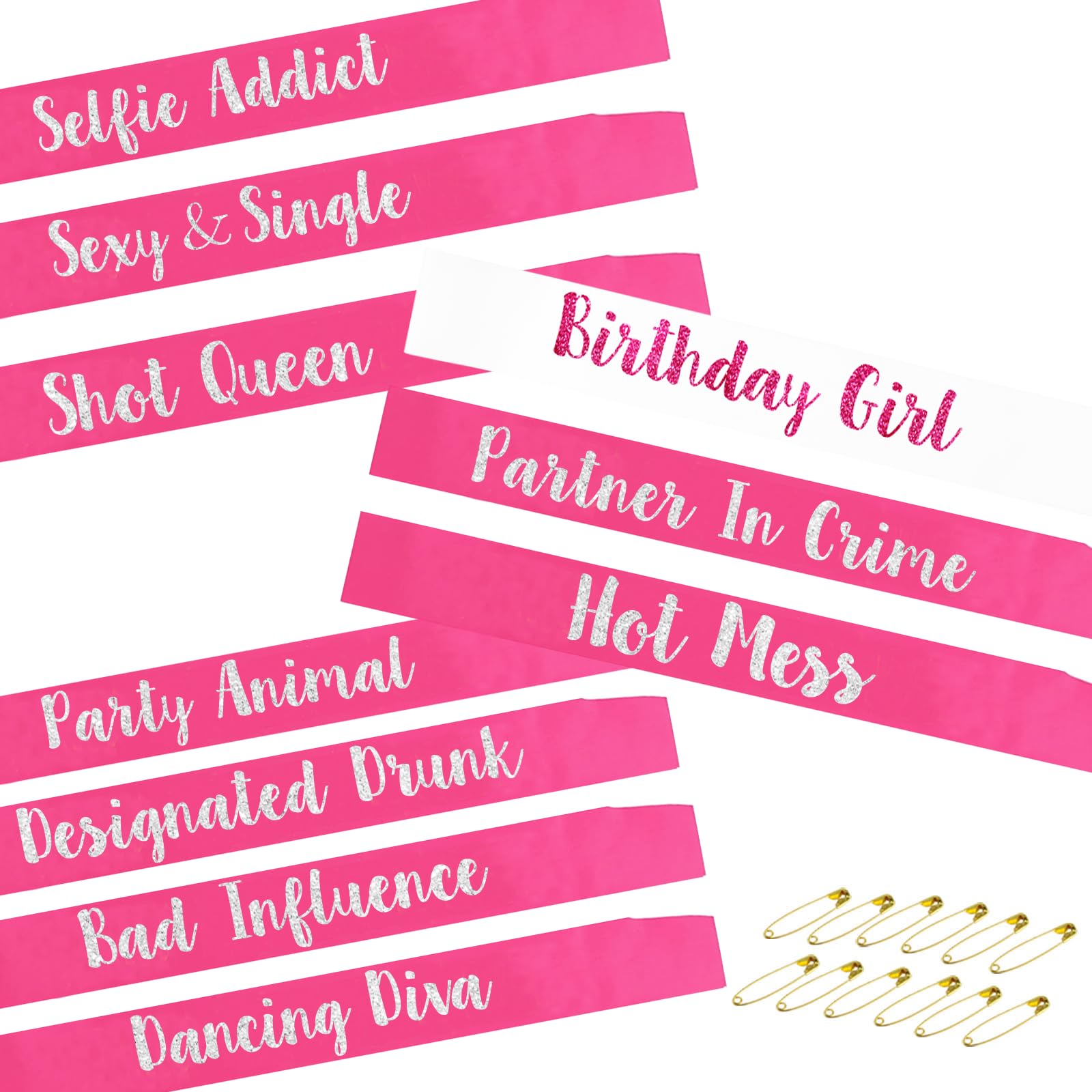 Birthday Girl Sash, 1 Piece White Birthday Girl Sash and 9pcs Hot Pink Party Sashes Set for Girls and Women Birthday Gifts Party Favors Party