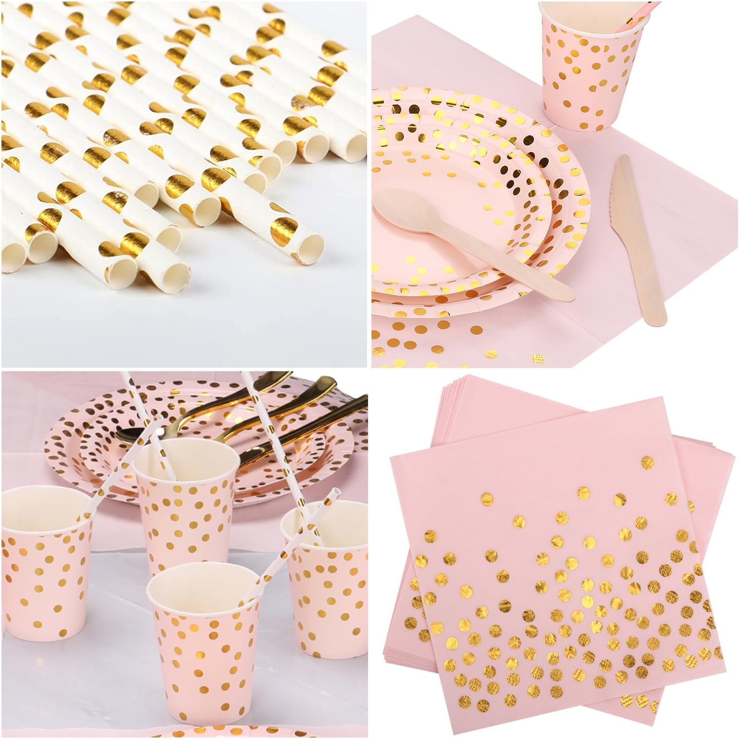 WedDecor 80pcs Paper Tableware Sets, Round Disposable Paper Straws, Plates, Cups & Napkins, Perfect for Picnics, BBQ, Birthday, Baby Shower, Wedding & Christmas Events, Midnight, Pink