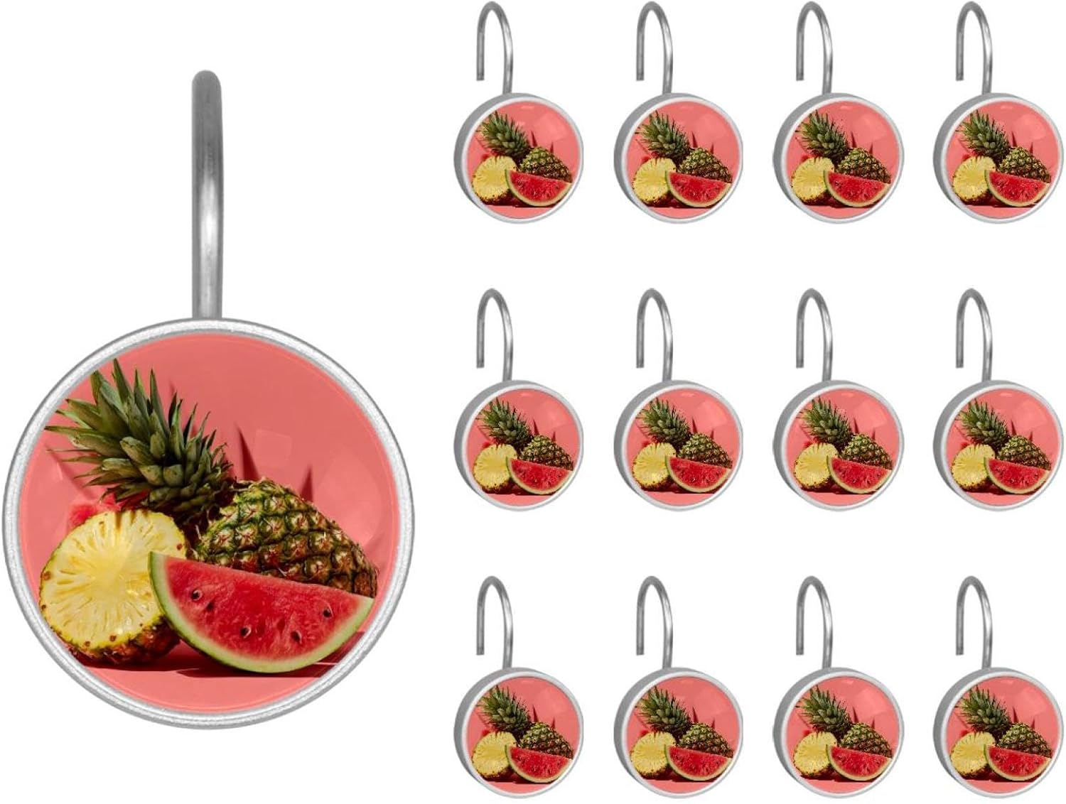 Summer Fruit Watermelon Pineapple (1) Round Crystal Glass Decorative Shower Curtain Hooks with 3D Pattern Visual, Rust Proof Shower Curtain Rings-12 Pack