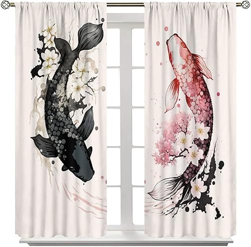 Miniatura 7 de Yin Yang - Cortinas opacas con diseño de pez Koi, flor de cerezo japonés, para oscurecer la habitación, decoración de ventana para sala de estar, 21