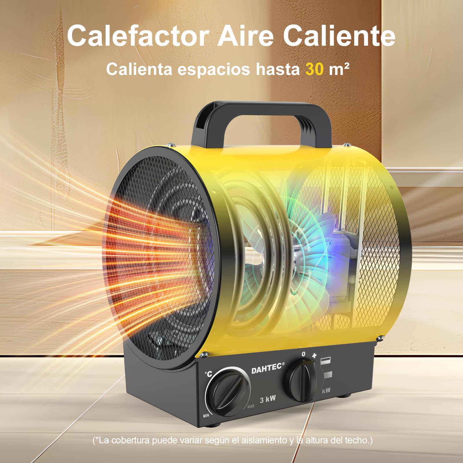 Calefactor Eléctrico 3000 W Termoventilador Portatil, Amarillo | Calefactor de Obra 230 V con Asa, Termostato y Protección Contra Sobrecalentamiento - Apto para Hogares, Tallers