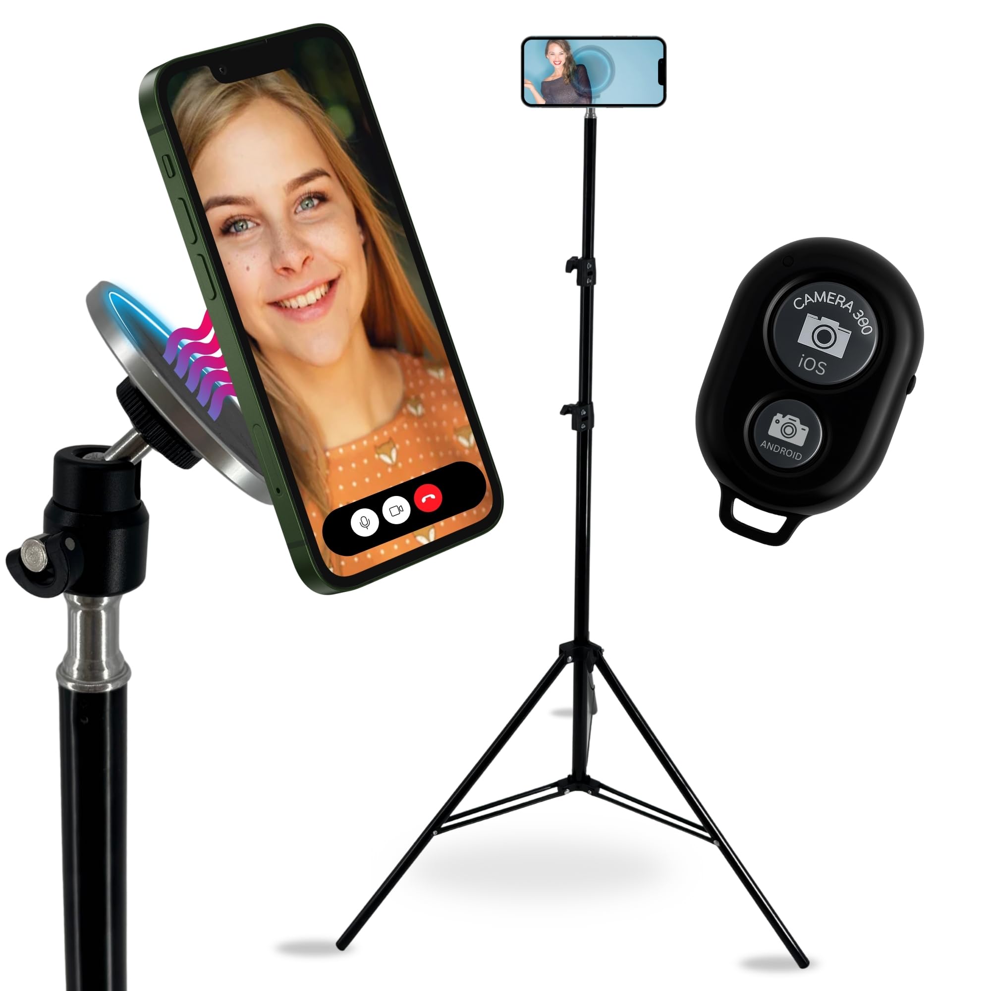 TronicXL Treppiede per cellulare grande 210 cm con supporto magnetico e autoscatto, compatibile con Apple Magsafe iPhone Samsung Smartphone Tripod treppiede alto supporto per cellulare Bluetooth