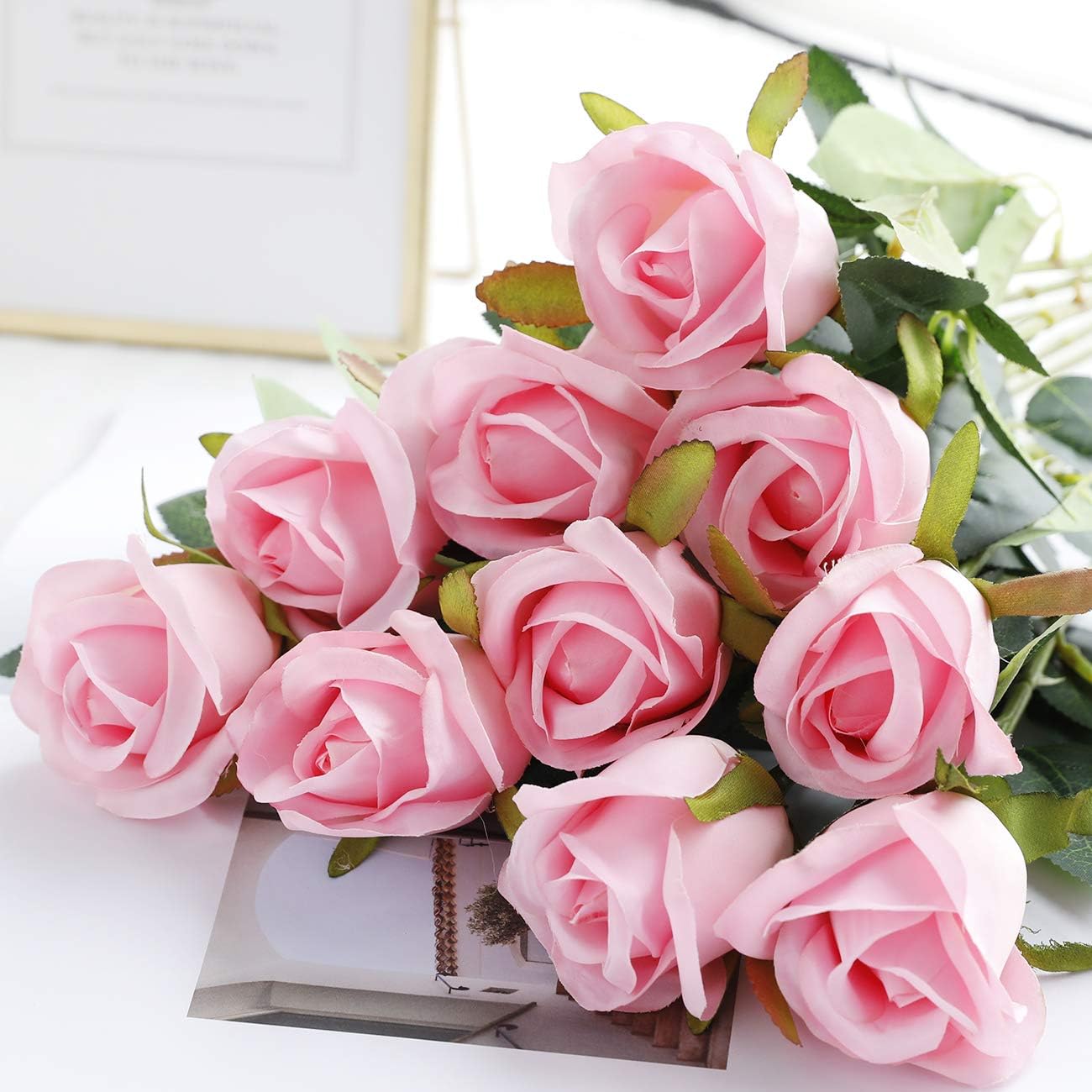 Veryhome 10 Pcs Artificial Roses Silk Flowers Fake Single Stem Rose Bud Bridal Bouqets For Wedding Home Birthday Party Arrangment Garden Decoration (Pink) - Image 3