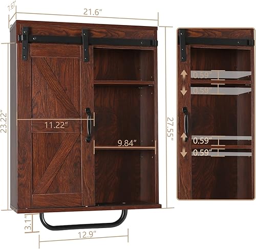 Miniatura 3 de eclife Gabinete de medicina de granja gabinete de almacenamiento de montaje en pared con puerta corrediza de granero 2 estantes ajustables toallero