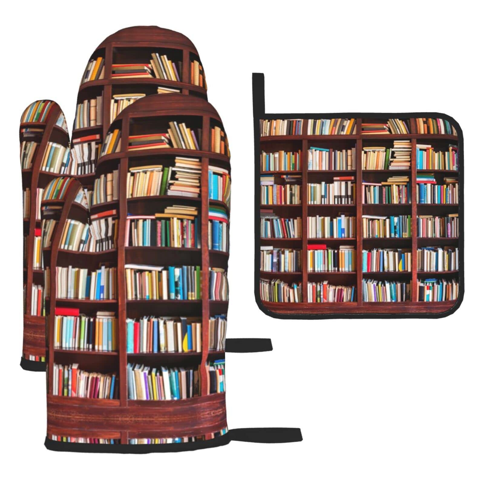 Books Oven Mitts and Pot Holder Kitchen Set for Grilling, Cooking, Baking, Heat Resistant