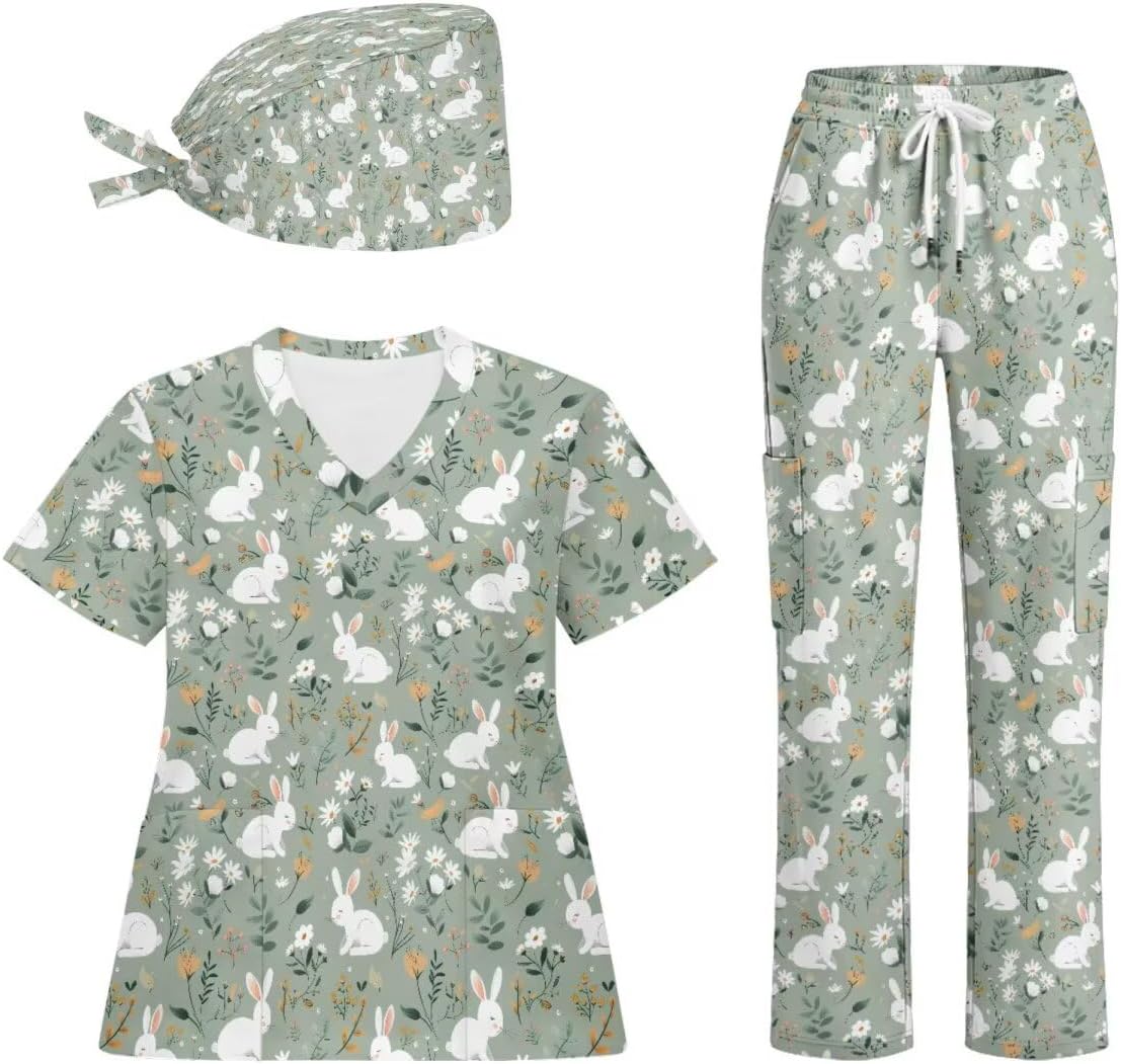 3Pcs Women's Scrubs Set with Scrub Pants Caps Cute Printed V Neck Tops Soft Casual Nurse Uniform With Pocket