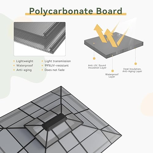 Vista 105 de Aoxun - Gazebo con techo rígido para jardines, patios con cemento o césped, pabellón permanente de policarbonato con doble techo, marco de aluminio