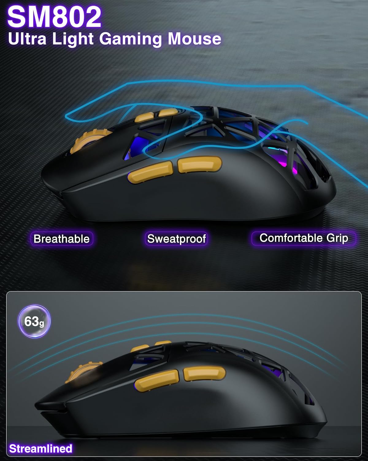 Image showing the process of replacing microswitches in the SOLAKAKA SM802 mouse, highlighting the gaming and silent switch options.