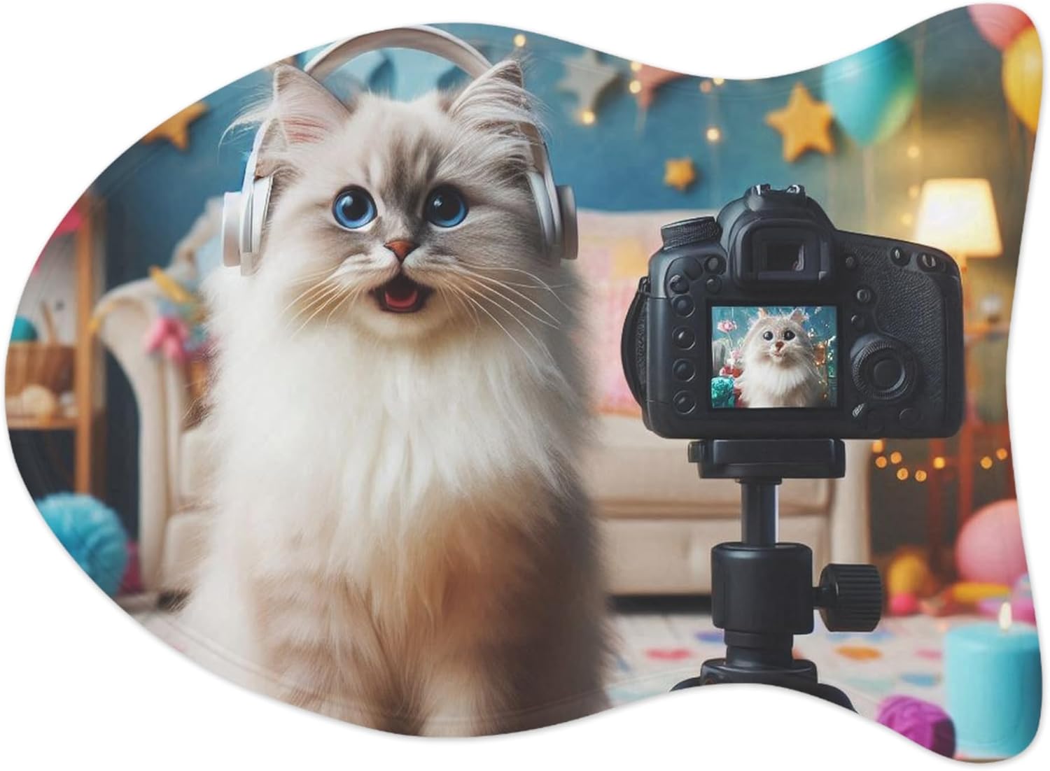 Vibrant Colors Anti-Slip Pet Feeding Mat - Realistic Vlogger Cat Theme