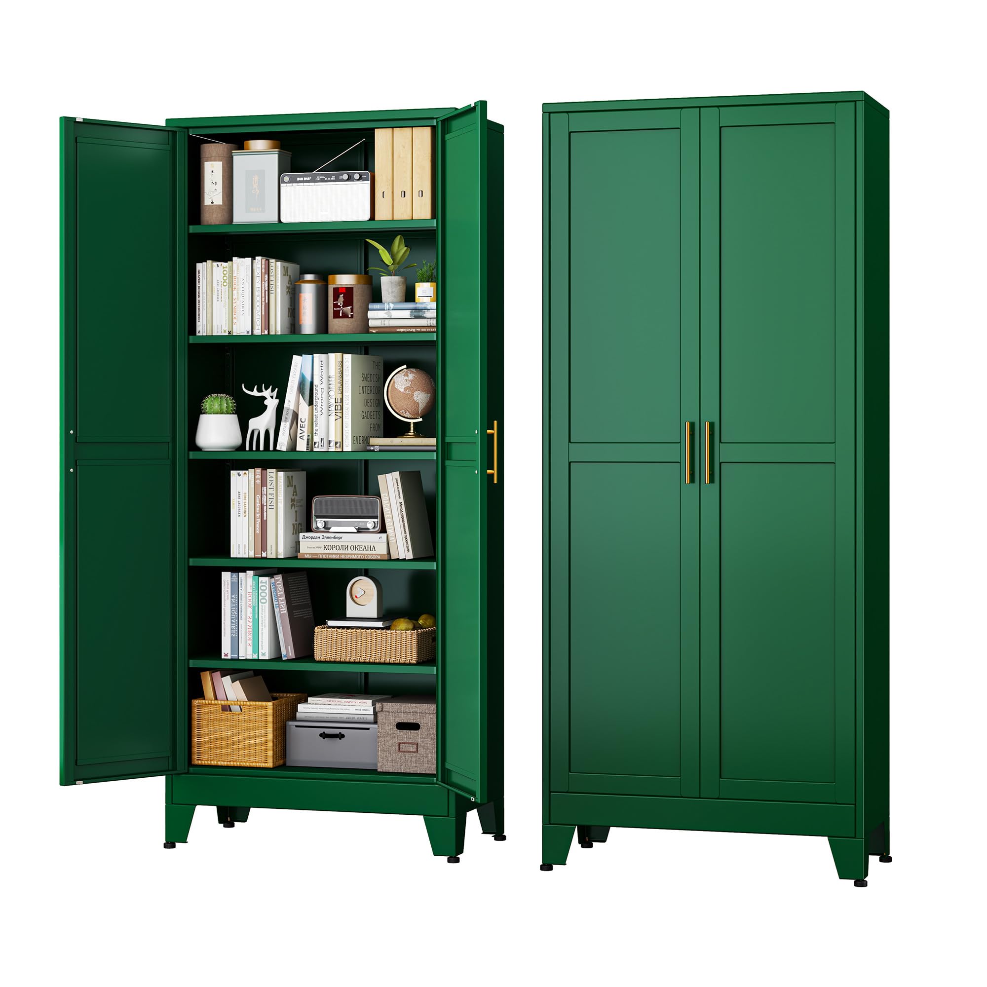 RISTERN Green Metal Storage Cabinet,75" Steel File Cabinet for Home Office, Kitchen Pantry Storage Cabinet with Doors and 5 Adjustable Shelves, Tool Cabinet, for Office, Home, Garage, School