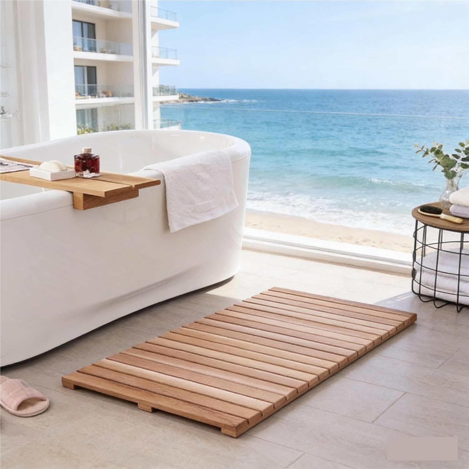 Rectangular Teak Wooden Bath Mat for Tub, Non Slip Wood Shower Mats No Painted, Natural Bathroom Decor Floor Mat Slatted Platform for Indoor and Outdoor(36x38in(91x97cm))