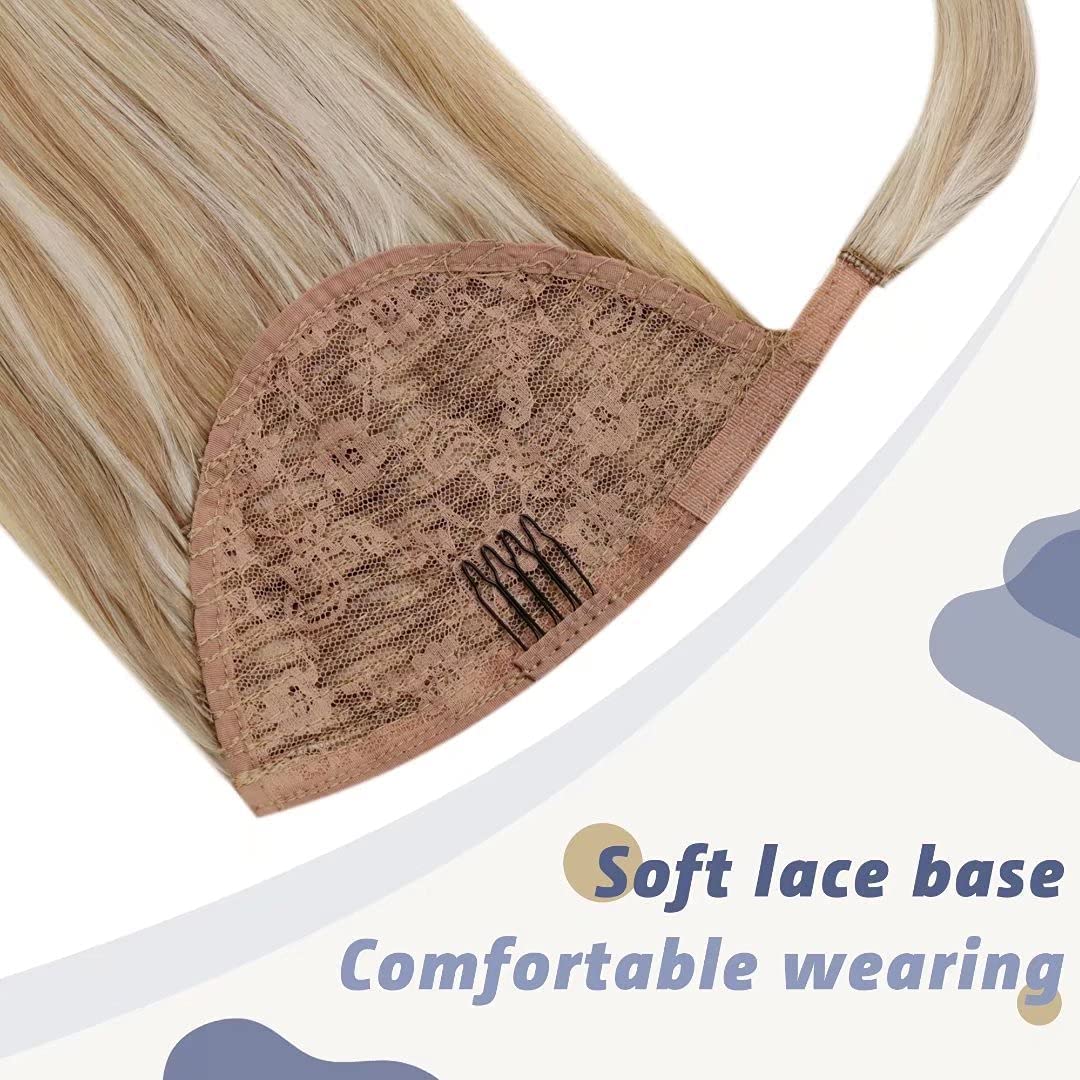 LaaVoo Pony Tail Extensions Real Human Hair 16 Inch 80g Highlight Dark Blonde & Platinum Blonde Remy Straight Ponytail hair Extensions #12/24 - Image 3
