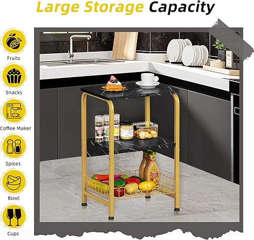 Miniatura 5 de YAHARBO Mesa auxiliar negra y dorada, mesa auxiliar pequeña de 3 niveles con cesta de almacenamiento, mesita de noche moderna con marco de metal y