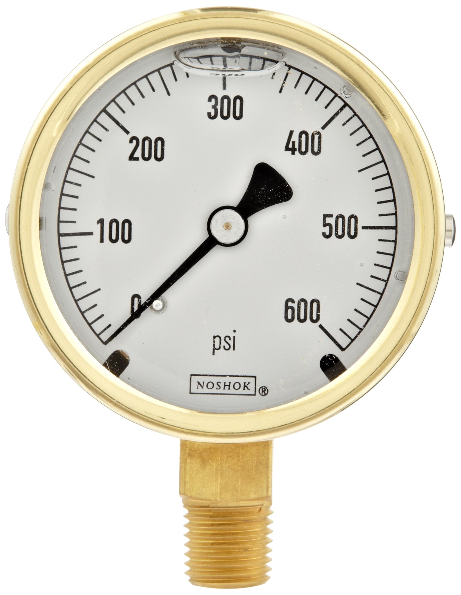 NOSHOK 300 Series Brass Liquid Filled Dial Indicating Pressure Gauge with Bottom Mount, 2-1/2" Dial, +/-1.5% Accuracy, -30 inHg-0-15 psi Pressure Range