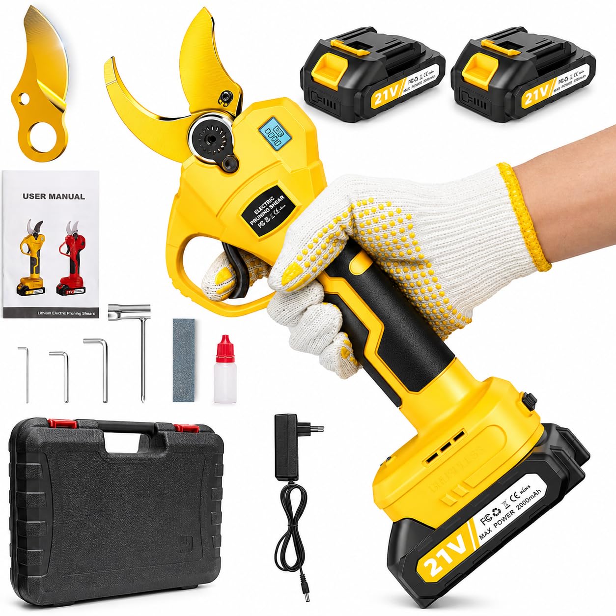 Tijeras de Podar Electricas, Apertura Máxima de La Hoja 50 mm, 4000mAh Batería Sharp Sk7, 2 Tamaños de Apertura con Monitor, Tijeras de Podar con Motor Brushless para Jardinería,Árboles Frutales
