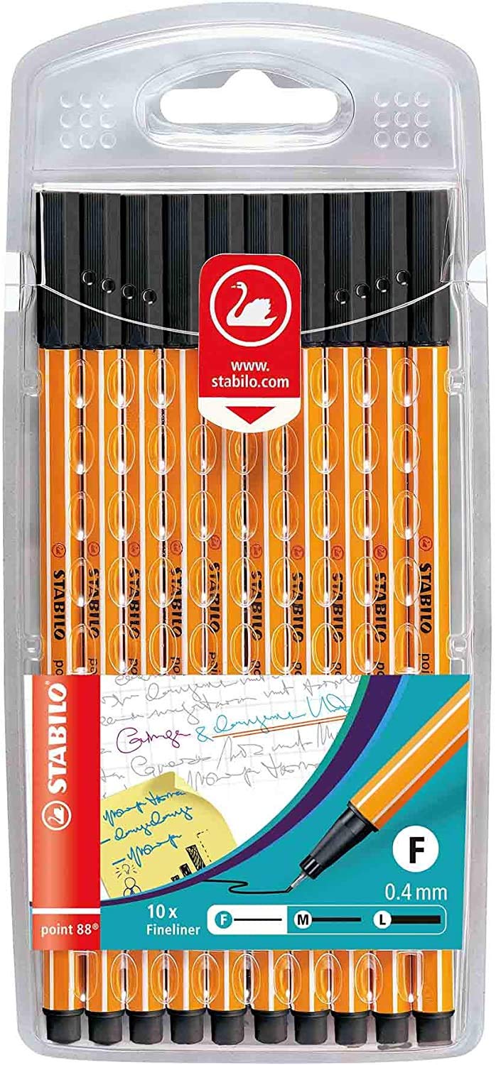 Stabilo Point 88 Lot de 10 feutres fins : noir, rouge, bleu, vert