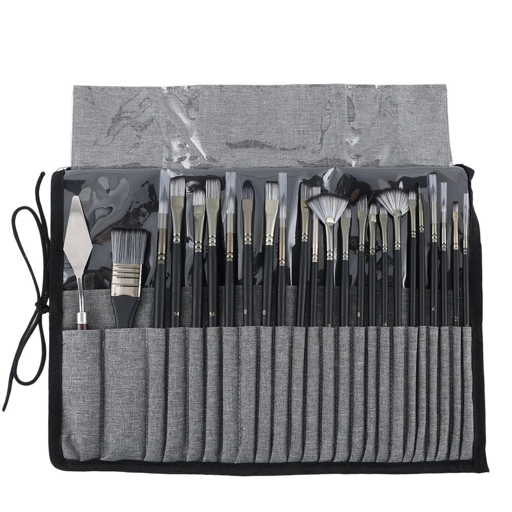 Onchdbfhuu Professional Paint Brush Set of 24PCS for Acrylic, Oil, Watercolor with Palette Tool& Canvas Roll Case