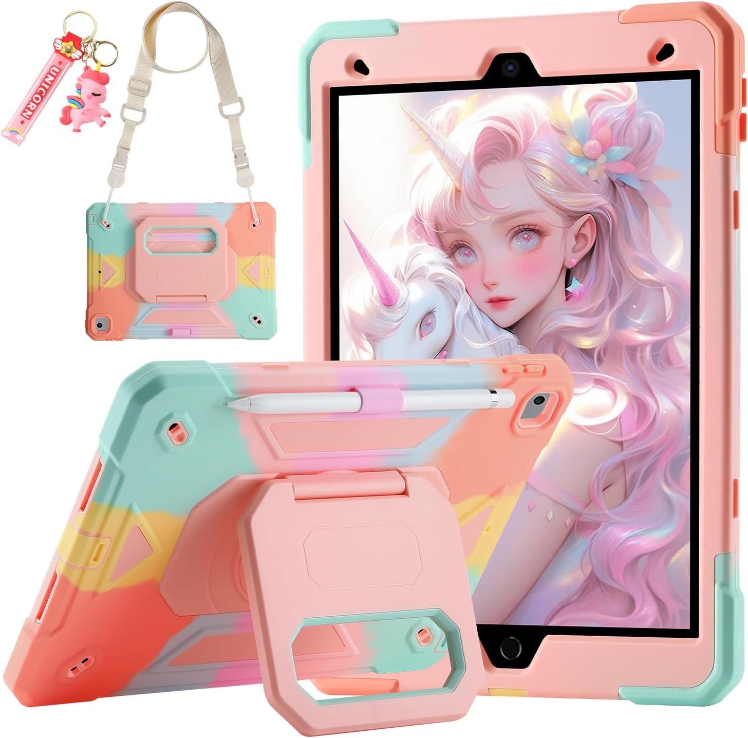 for iPad 9th/ 8th/ 7th Generation Case (iPad 10.2 inch Shockproof Case) with 360 Rotating Grip Magic Stand, Pencil Holder/Keychain/Carrying Shoulder Strap for iPad 10.2 inch