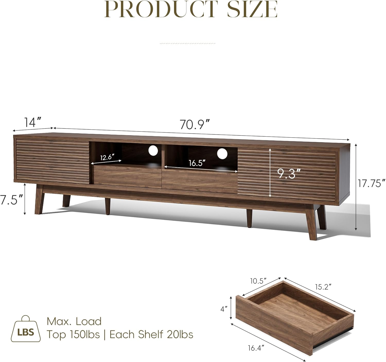 MU 70 Inch TV Stand for TVs up to 80 Inch, Mid Century Modern TV Console with Fluted Sliding Doors, Shelves & Drawers, Low Profile Entertainment Center for Living Room (Walnut, 70") - Image 2