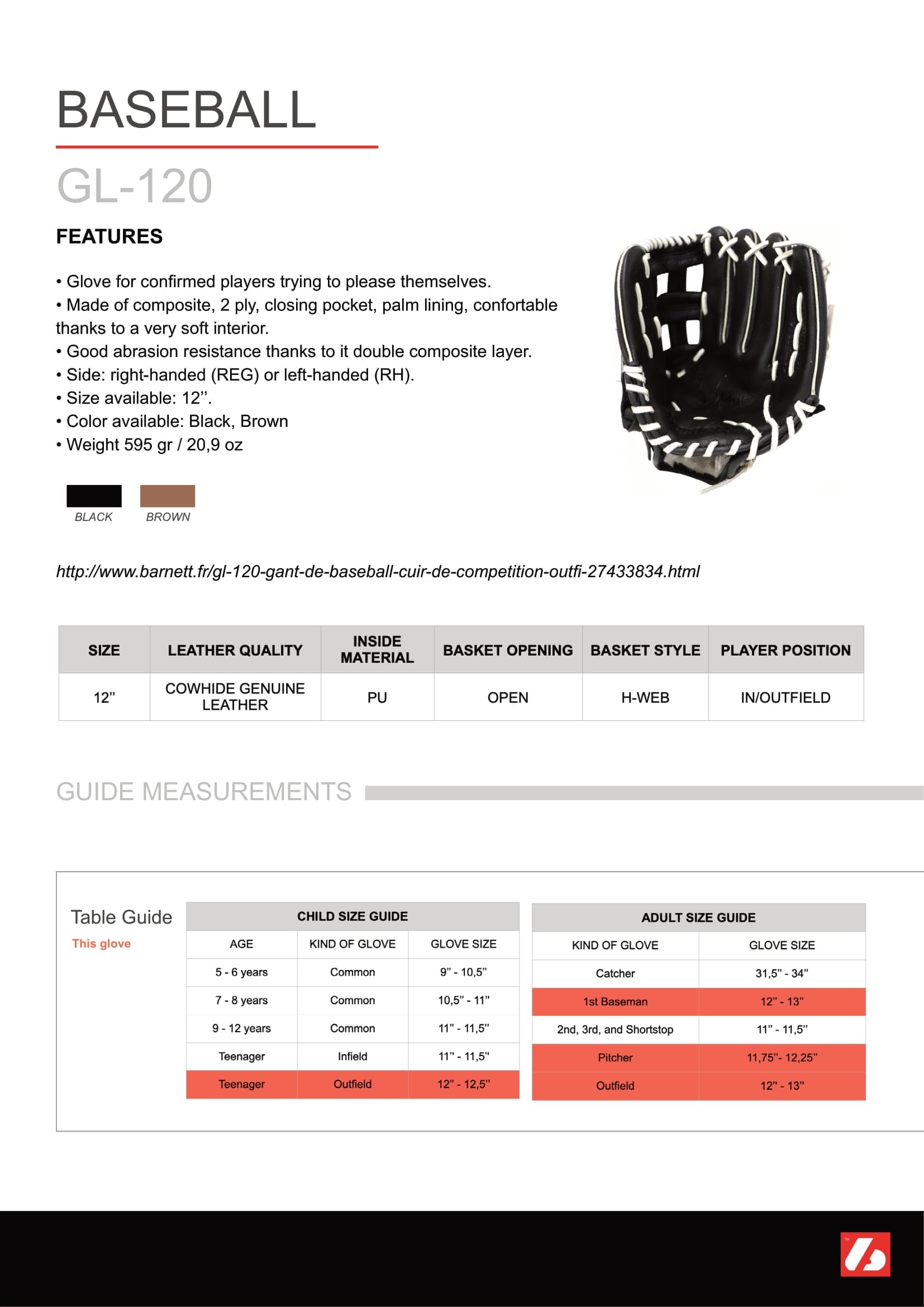 barnett GL-120 - Guanto da baseball in pelle da competizione Outfield 12