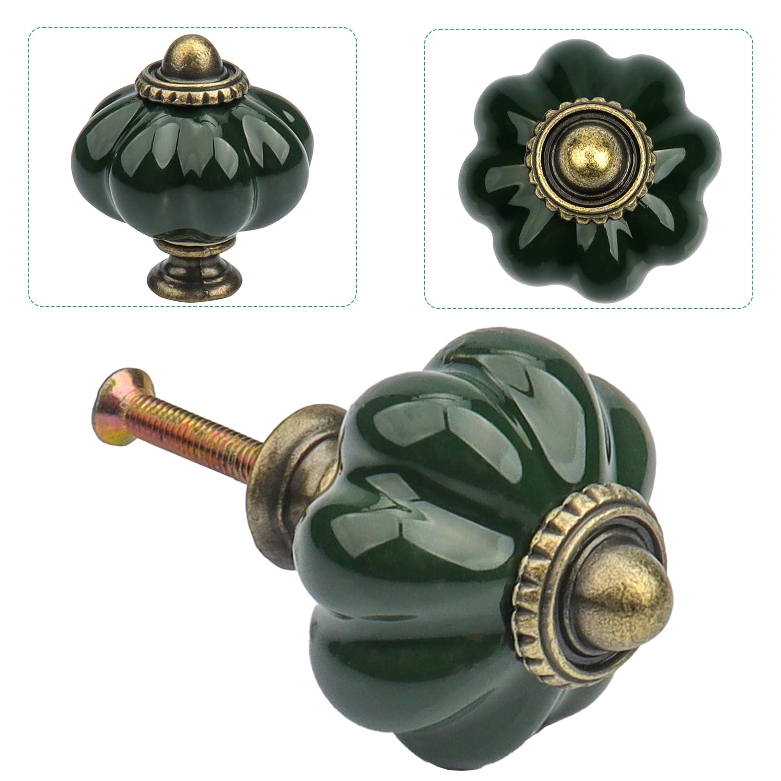 Roellgs 12 Pack Ceramic Door Knobs, Pumpkin Ceramic Knobs Vintage Cupboard Knobs with Mounting Screws, Antique Wardrobe Pull Handles Kitchen Cabinet Knobs for Dresser (Green) - Image 4