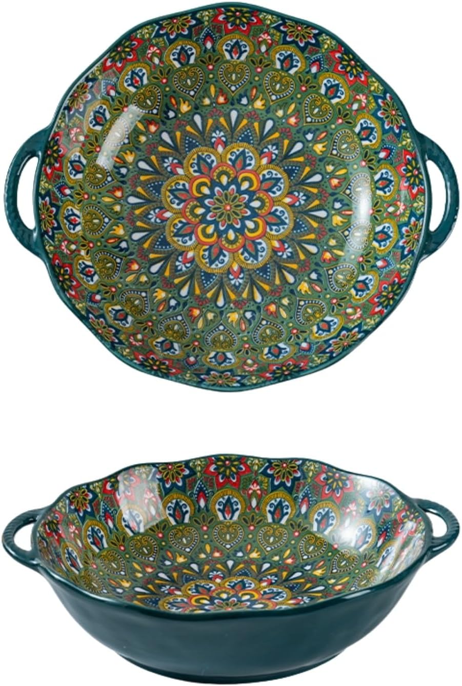 Bohemian Hand-Painted Ceramic Serving Bowl with Handles (12 inch/30cm) (64oz/1.9 L) Large Decorative Serving Dish for Salad, Pasta & Curry Microwave & Dishwasher Safe Colorful Stoneware Bowl (Green)