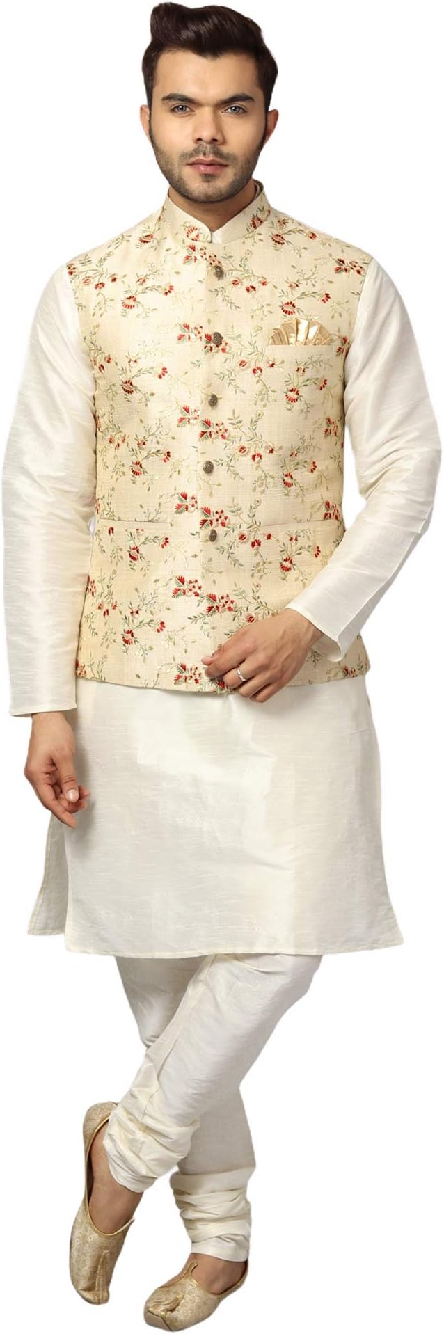 Uri and MacKenzie Men's Silk Blend Regular Kurta Churidar Pyjama with Bundi Nehru Jacket/Waistcoat