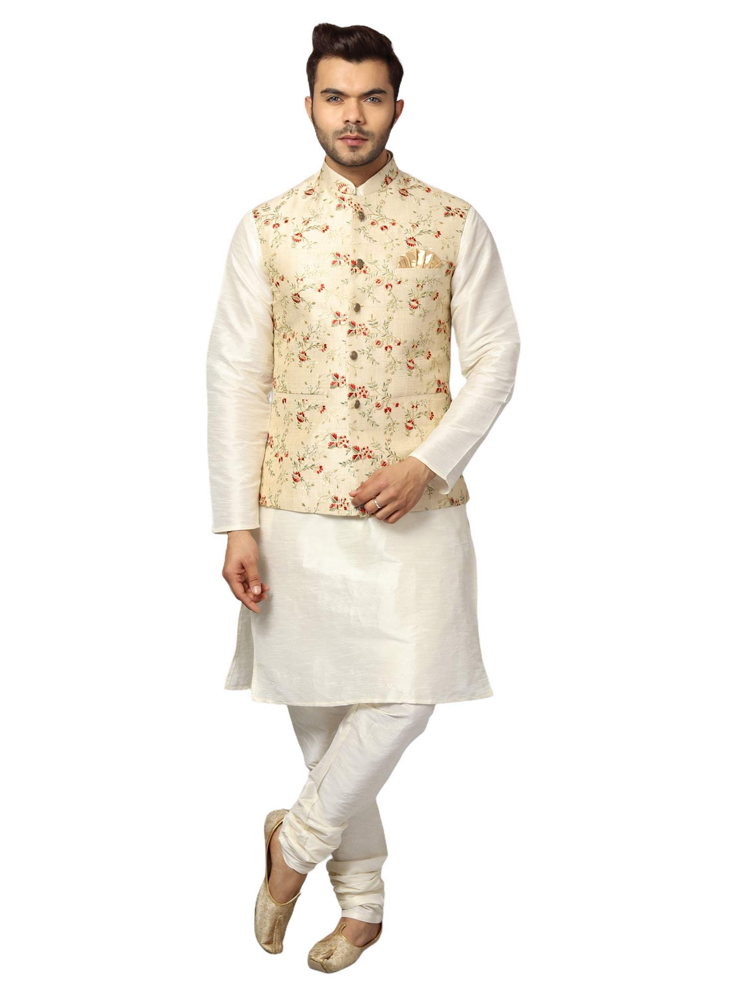 Uri and MacKenzie Men's Silk Blend Regular Kurta Churidar Pyjama with Bundi Nehru Jacket/Waistcoat