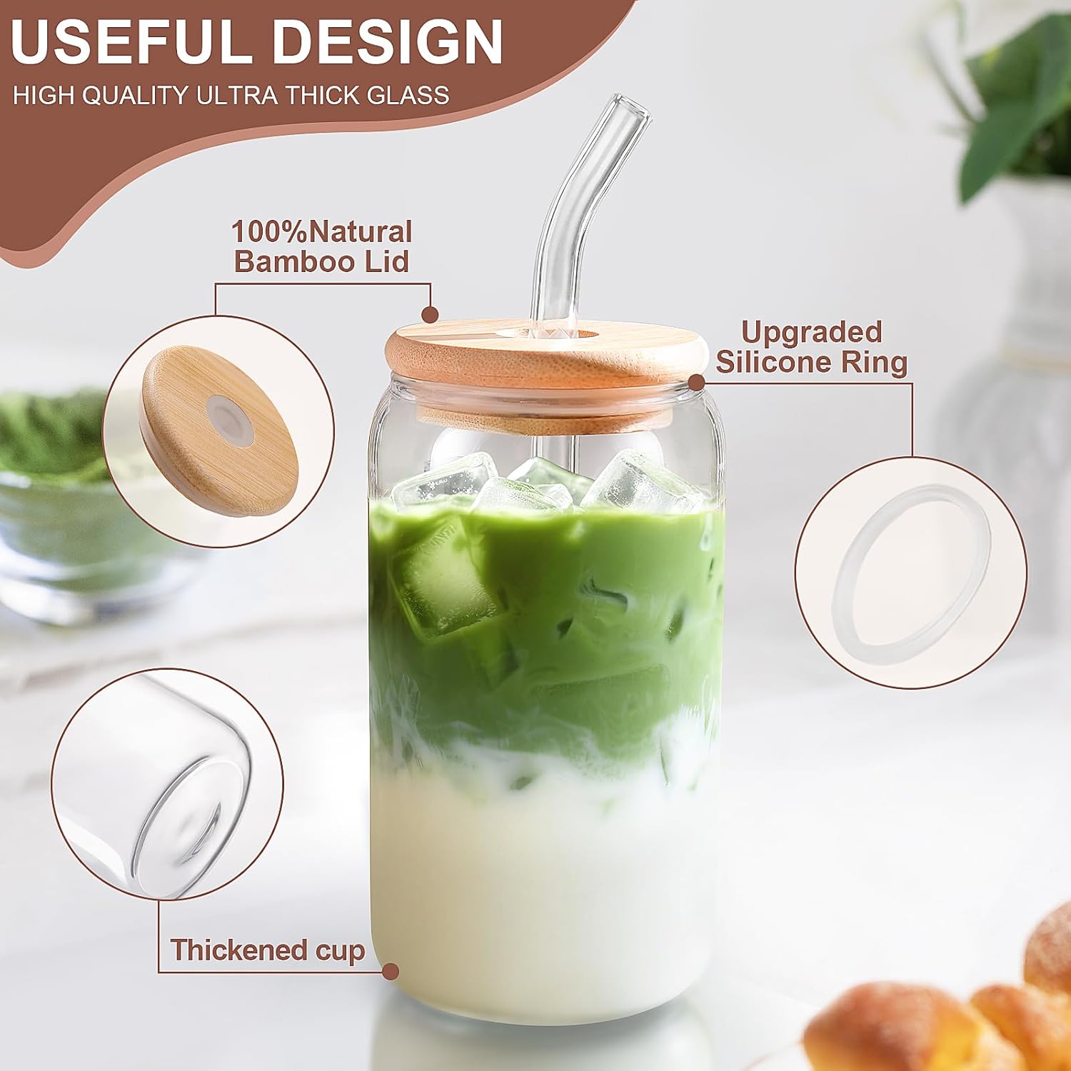 DWTS DANWEITESI Iced Coffee Cups with Lids 2 pcs,16 oz Glass Cups as Coffee Bar Accessories+Ribbed Glass Tumbler with Straw and Lid 4Pcs,20oz Leak Proof Tumbler