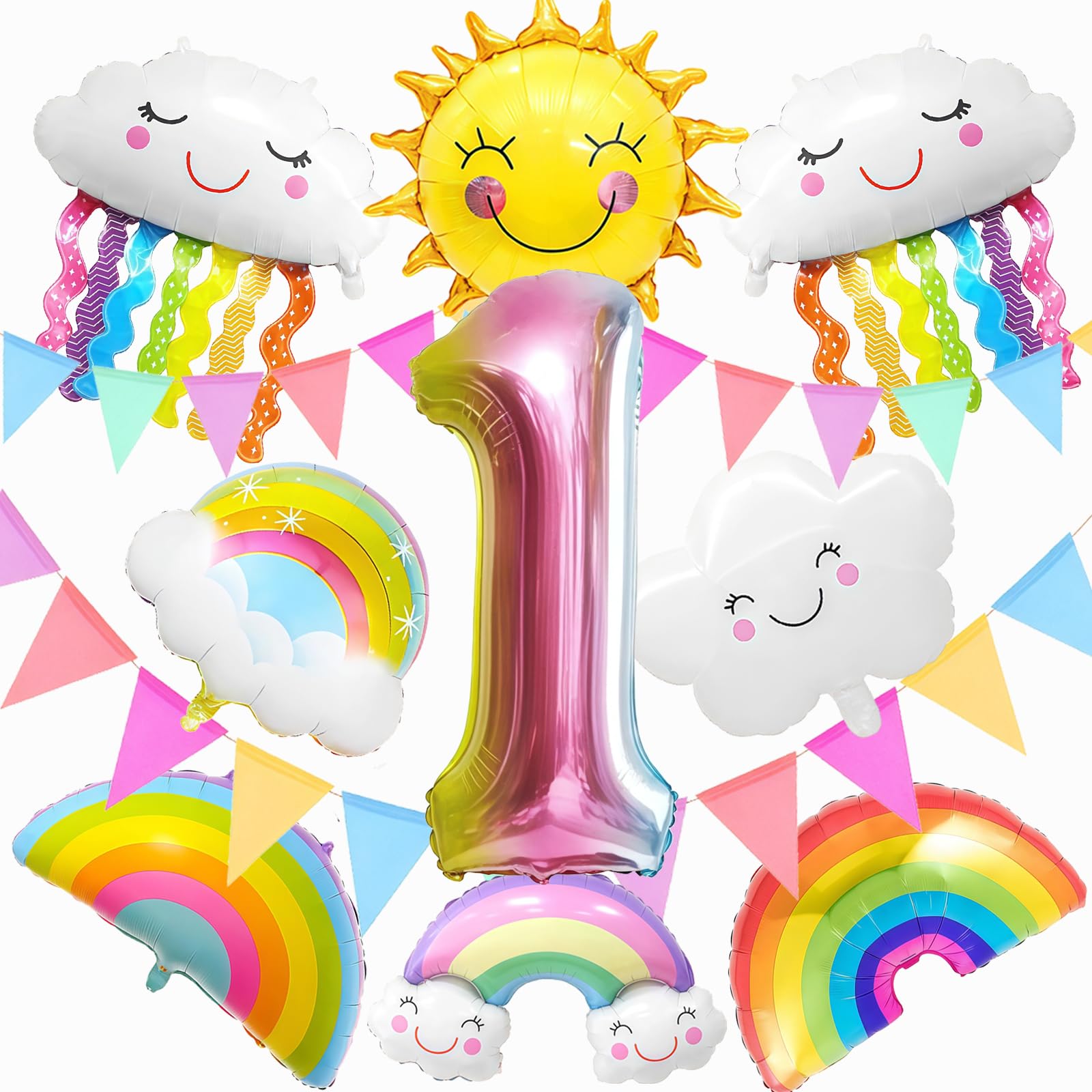 11 Stücke Kindergeburtstag Regenbogen Deko Mädchen Set,Luftballon 1. Geburtstag Mädchen,Geburtstagsdeko 1 Jahr,Mitgebsel Kindergeburtstag,Aluminium Folie Sonne Ballon(1)