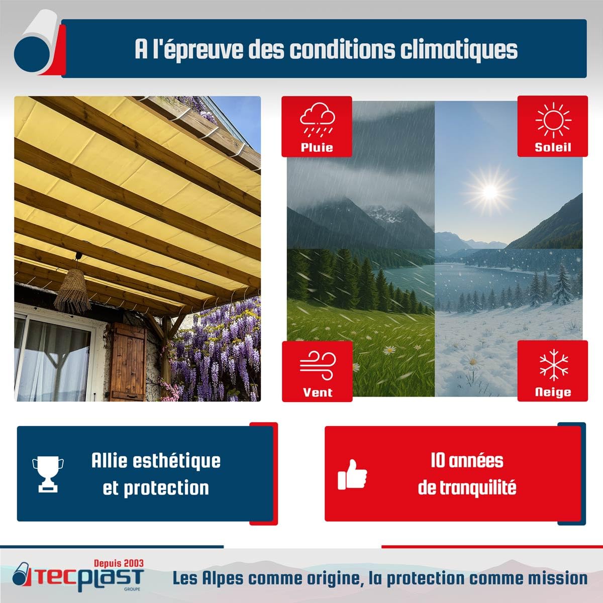 TECPLAST Toile Pergola Ivoire 3x4 m XP640PR - Garantie 10 Ans - Bâche Pergola ou Tonnelle étanche en PVC - Made in France