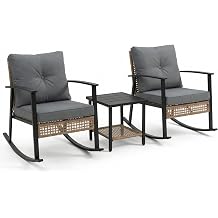 TARKARI 3-Piece Patio Rocking Chairs Set of 2, Outdoor Rocking Chair Bistro Set with Upgraded 2.0 Rust-Proof Alloy Frame & Premium Olefin Cushions, Wicker Rocking Chairs Patio Furniture Set, Grey