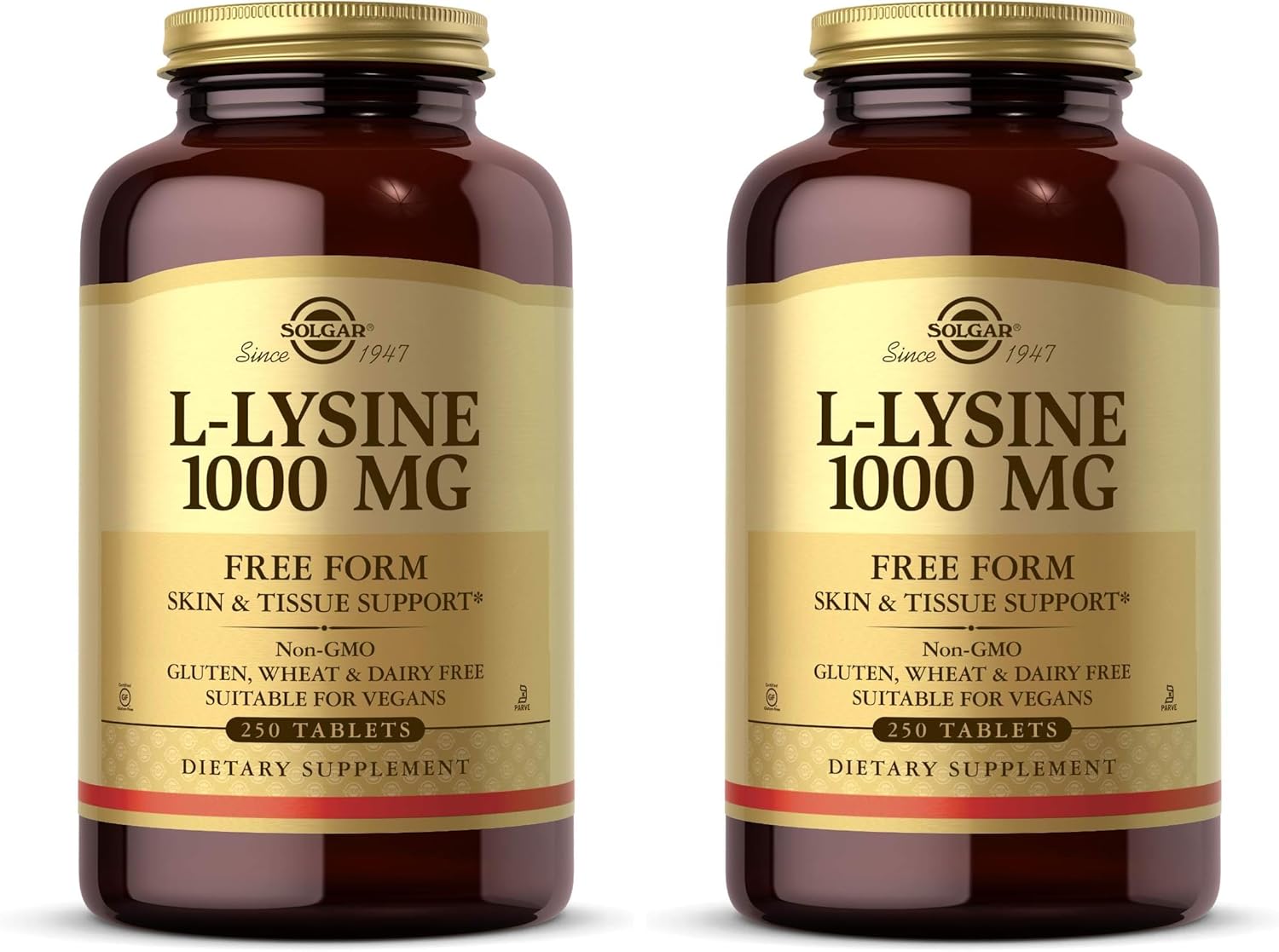 Solgar L-Lysine 1000 mg, 250 Tablets - Enhanced Absorption and Assimilation - Promotes Integrity of Skin and Lips - Collagen Support - Amino Acids - Non-GMO, Vegan, Gluten Free-250 Servings(Pack of 2)