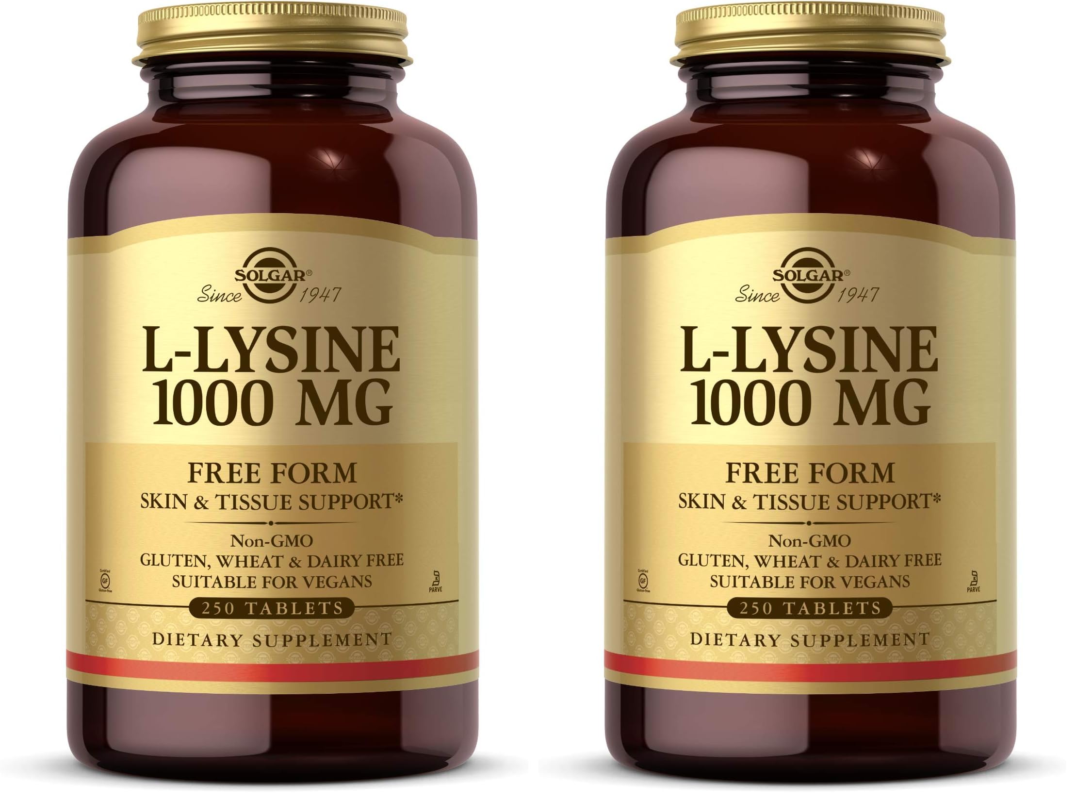Solgar L-Lysine 1000 mg, 250 Tablets - Enhanced Absorption and Assimilation - Promotes Integrity of Skin and Lips - Collagen Support - Amino Acids - Non-GMO, Vegan, Gluten Free-250 Servings(Pack of 2) 250 Count (Pack of 2)