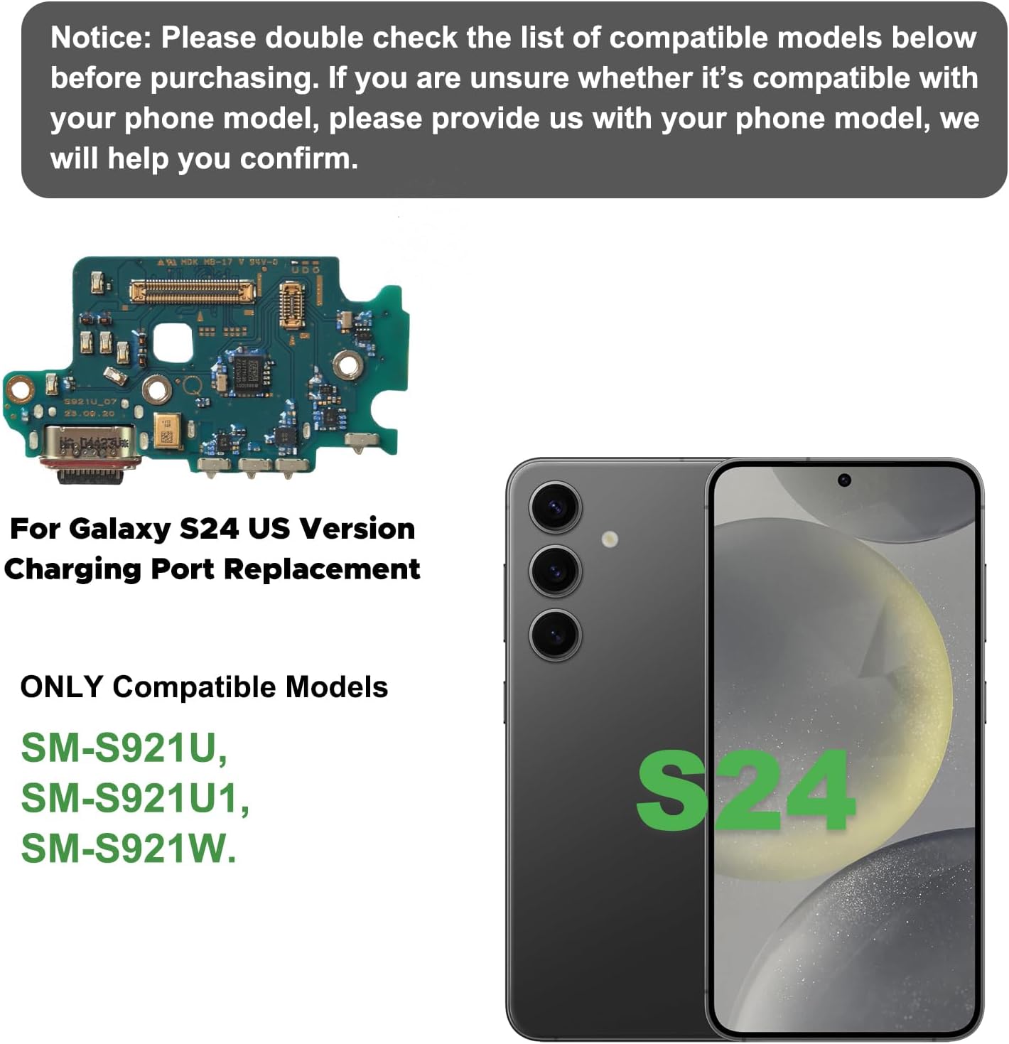 for Galaxy S24 Charging Port Dock Board Replacement Kit, Only for S24 US Variants SM-S921U/U1/W Series, Includes Instruction & Toolkit