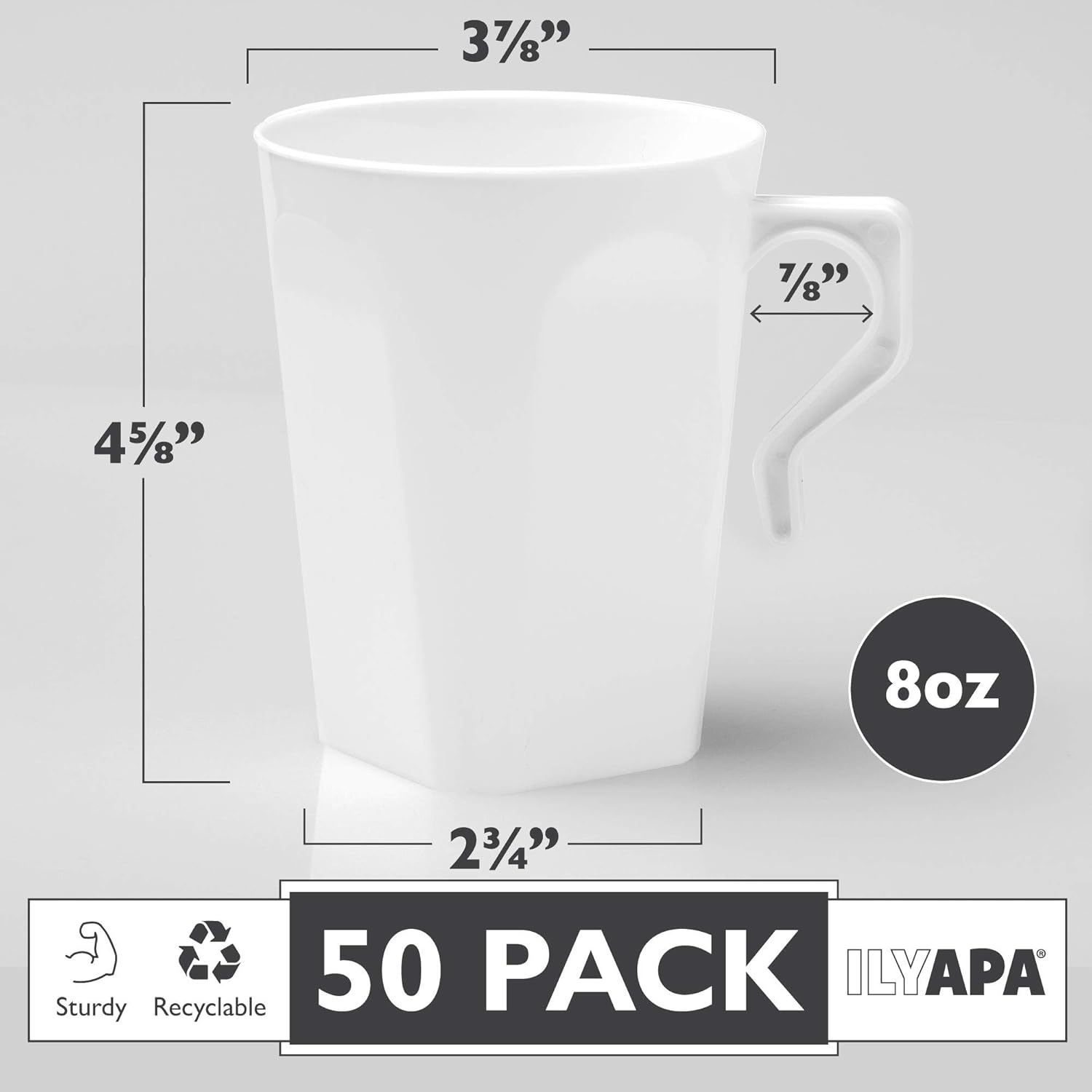 Ilyapa 50 Plastic Coffee Cups with Handles, 8 oz White - Disposable or Reusable Mug Pack - Image 2