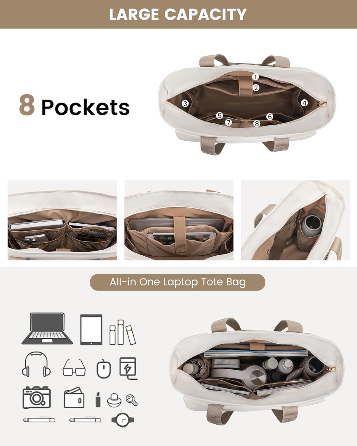 LOVEVOOK Upgrade Version Work Bags for Women 15.6 Inch Laptop Bag Large Capacity Mutiple Pockets Teacher Bag Water Resistant Canvas Tote Bag Purse for Office Travel College Nurse Teacher, Khaki Beige - Image 5